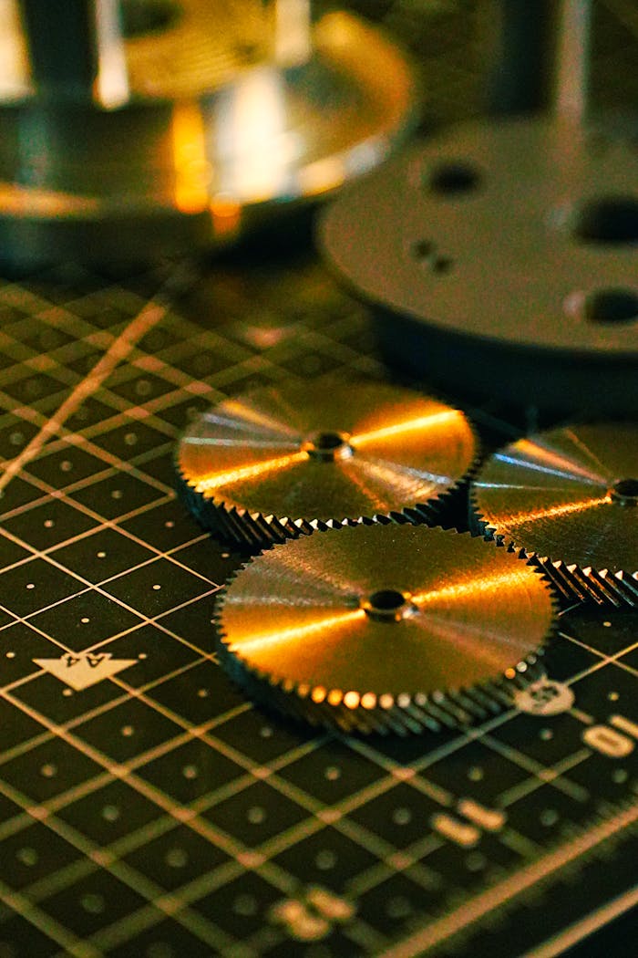 team-02 Detailed view of shiny metal gears on a grid cutting board, highlighting mechanical precision.