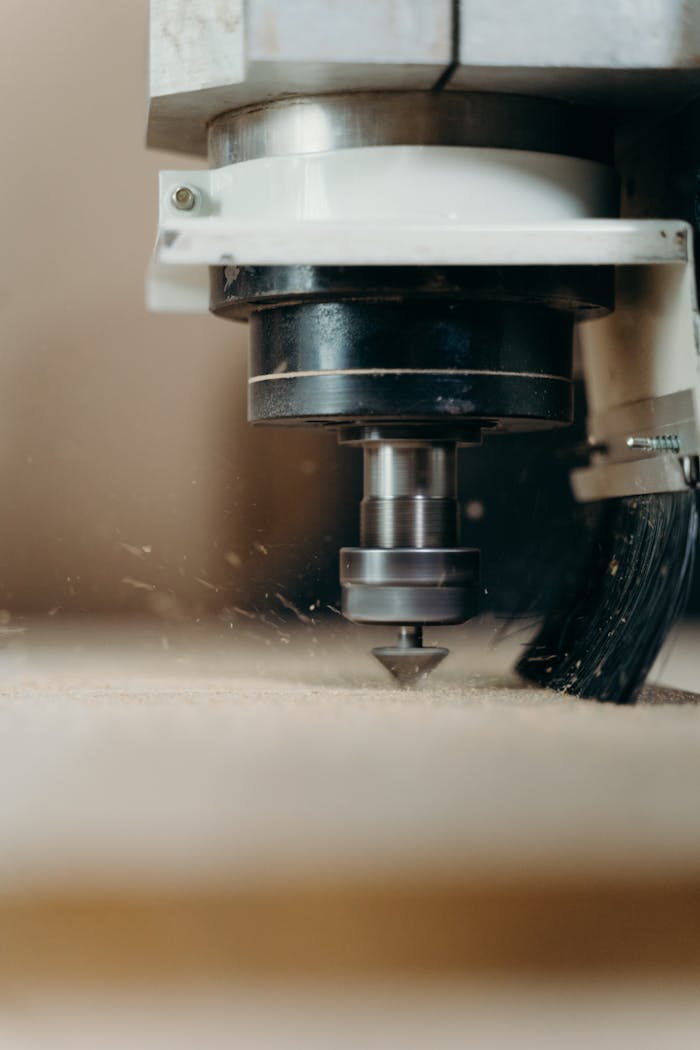 Close-up shot of a CNC machine intricately carving wood with precision.
